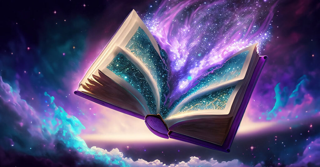 Magical book flying through space